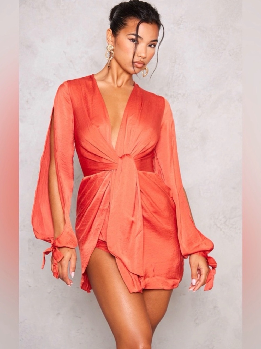 PrettyLittleThing Coral Satin Tie-Front Playsuit